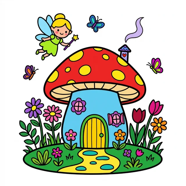 A fairy house inside a mushroom with flowers coloring page.