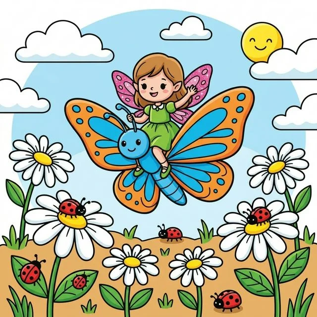 Cute fairy riding on large butterfly over field of daisies coloring page for kids