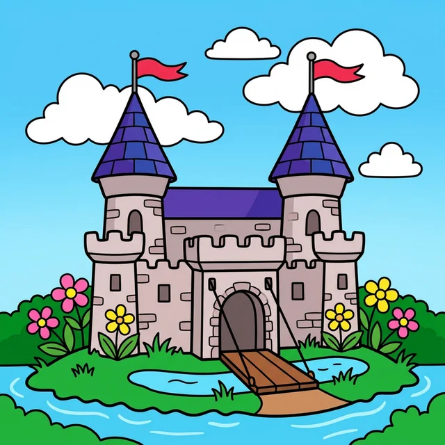 Fairy tale castle with towers and drawbridge coloring page for kids