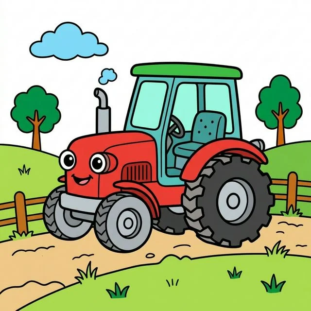 Farm tractor with big back wheels driving in field coloring page for kids — free printable