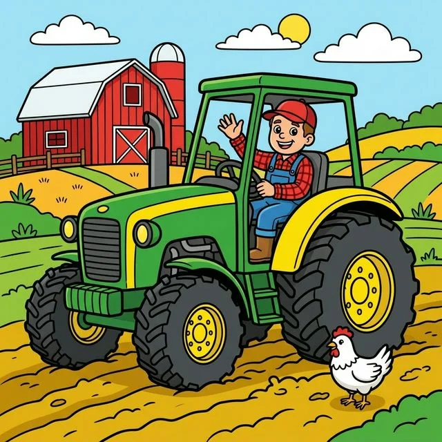 Big strong farm tractor with farmer waving and chicken in field coloring page for kids