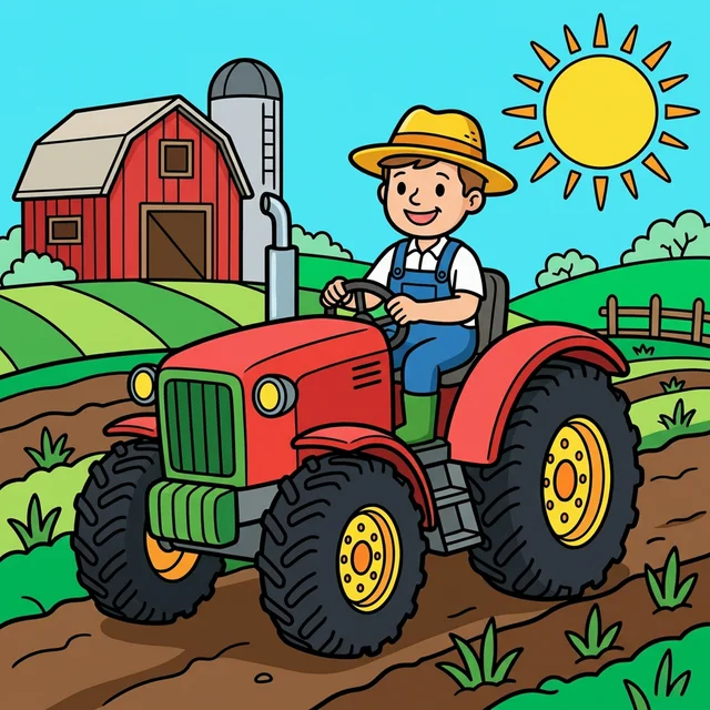 Happy farmer driving tractor on farm coloring page
