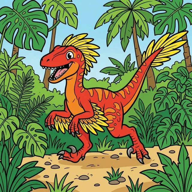 Cool fast running velociraptor dinosaur with feathers in jungle coloring page for kids