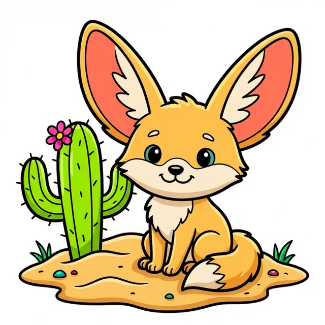 A cute fennec fox with big ears in the desert coloring page.