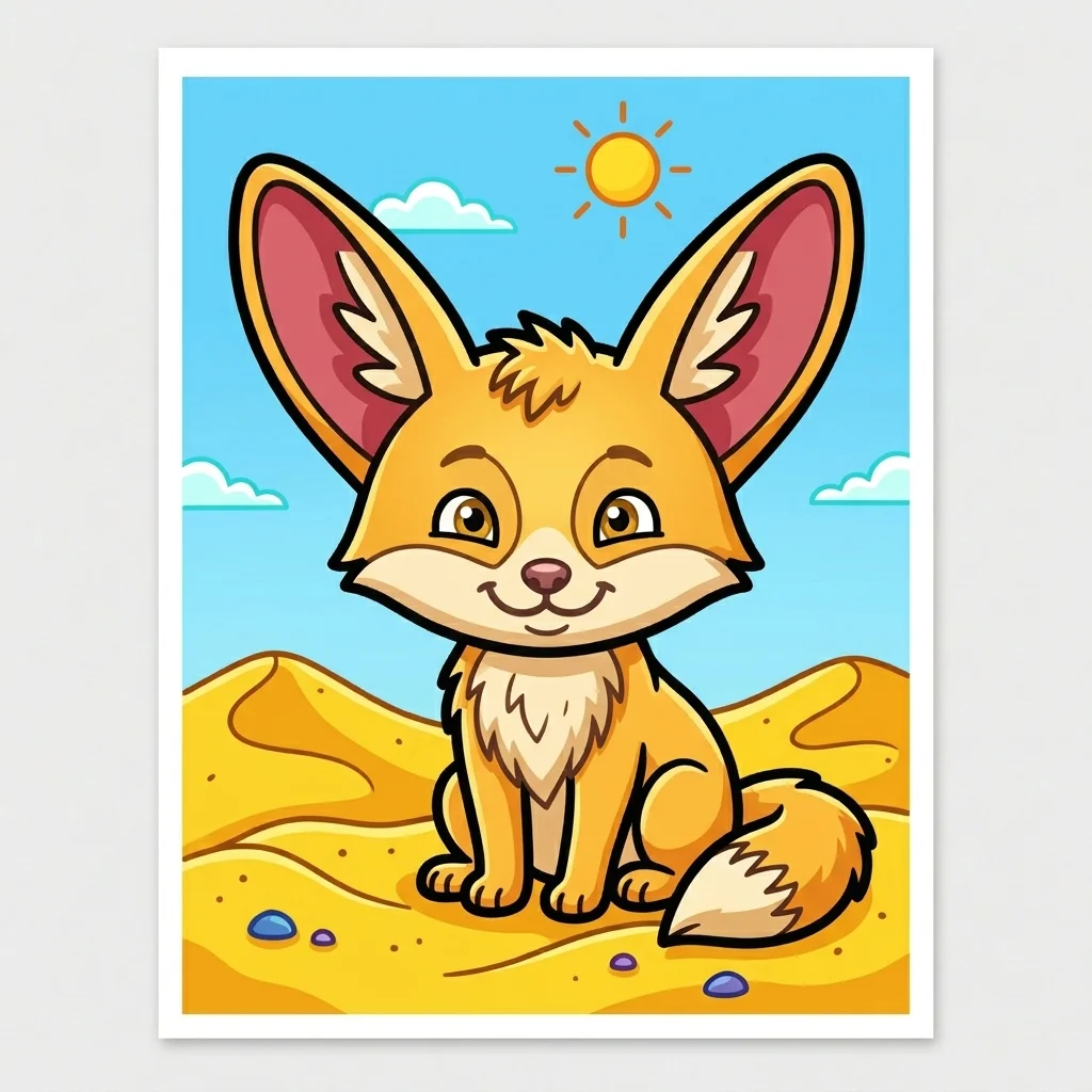 Fennec Fox with big ears sitting in desert sand coloring page for kids - free printable