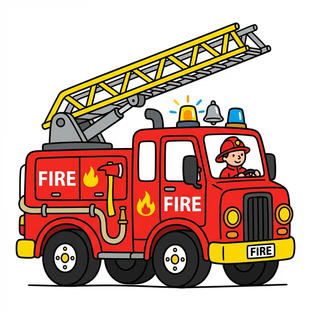A cartoon fire engine truck with a ladder coloring page.