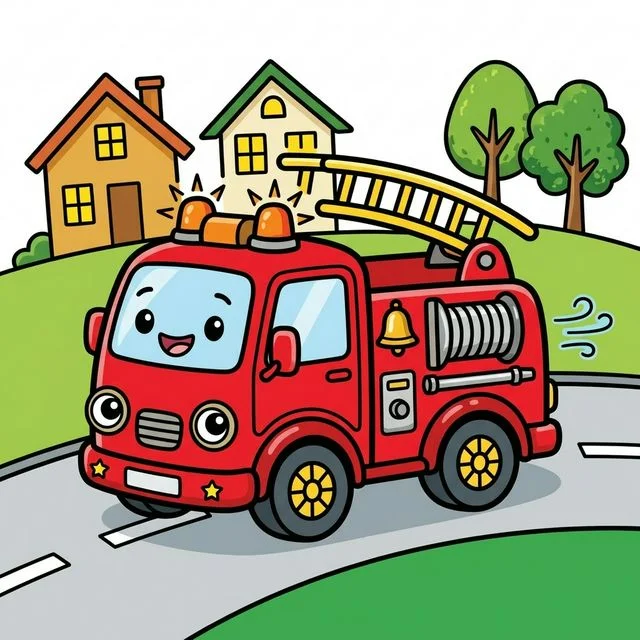 Fire truck with ladder and flashing lights driving down street coloring page for kids — free printable