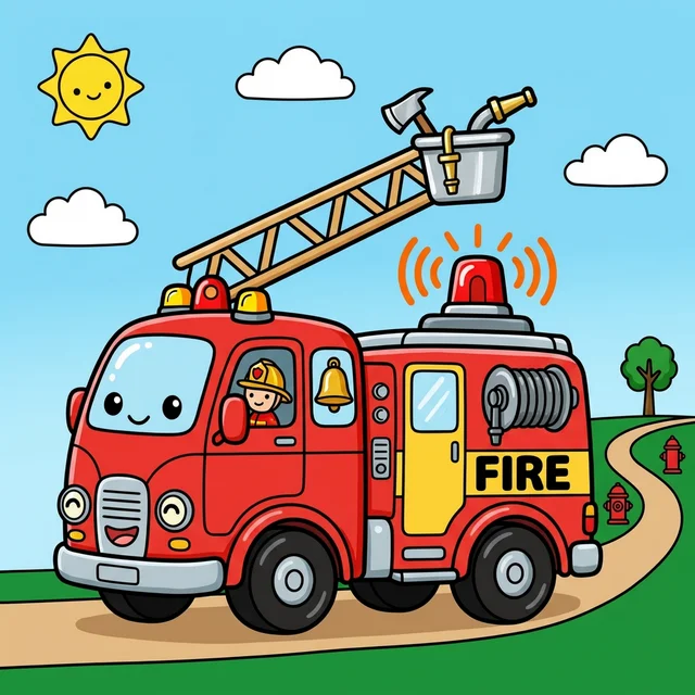 A fire truck with a ladder and siren rushing to help coloring page.