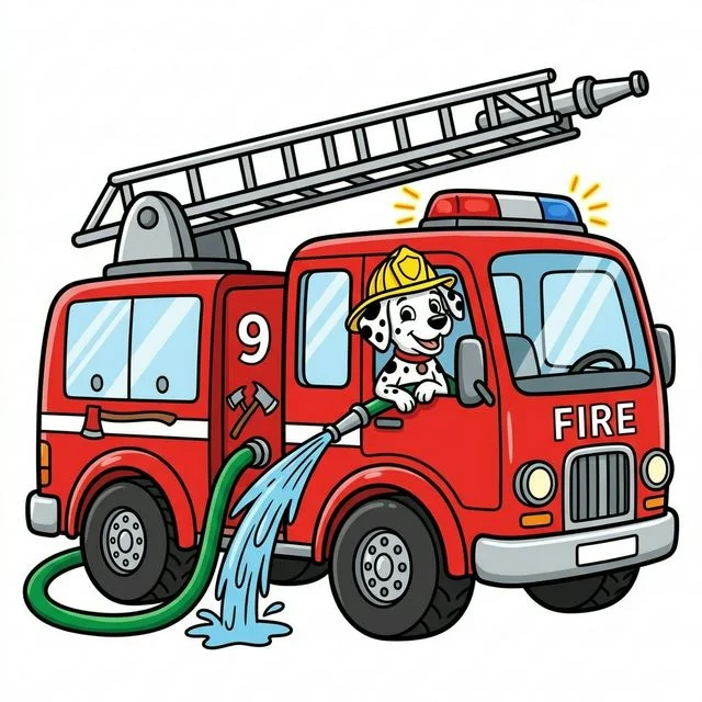 Big shiny fire truck with ladder and friendly dalmatian dog spraying water coloring page for kids