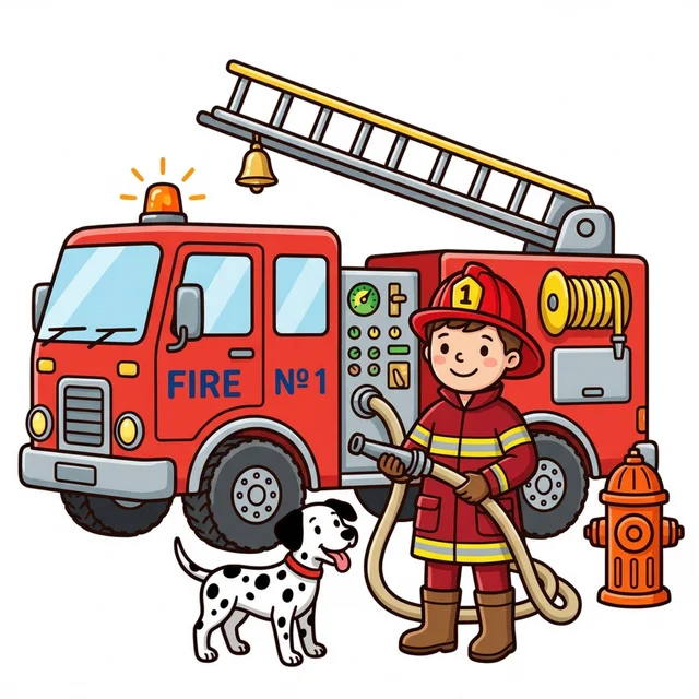 Kid firefighter with fire truck and dalmatian dog coloring page