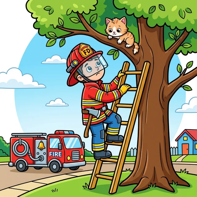 Firefighter rescuing kitten from tree coloring page