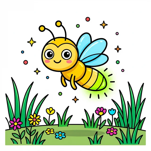 A cute glowing firefly at night coloring page.