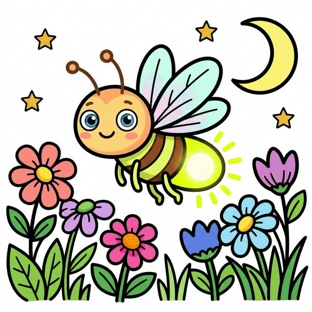 Firefly with glowing tail flying in night garden with flowers coloring page for kids — free printable