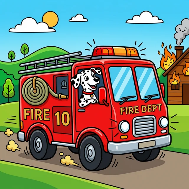 Fast firetruck racing to rescue with Dalmatian coloring page