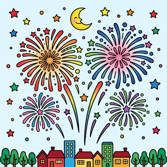 Beautiful fireworks exploding in the night sky coloring page.