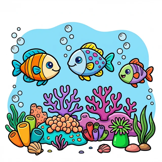 Fish swimming in coral reef coloring page for kids
