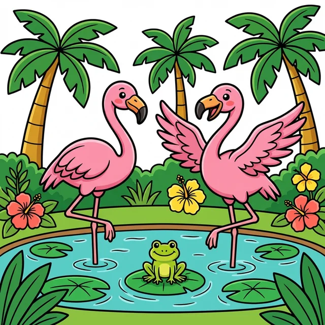 Two flamingos standing in tropical pond coloring page