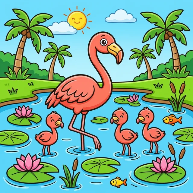 Flamingo family standing in tropical pond coloring page