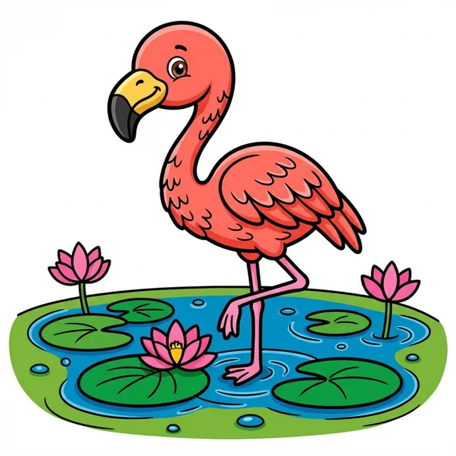 A flamingo standing on one leg in a lake with lily pads coloring page.