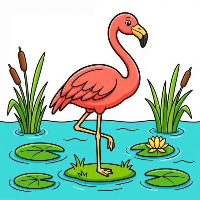 Flamingo standing in lake coloring page for kids