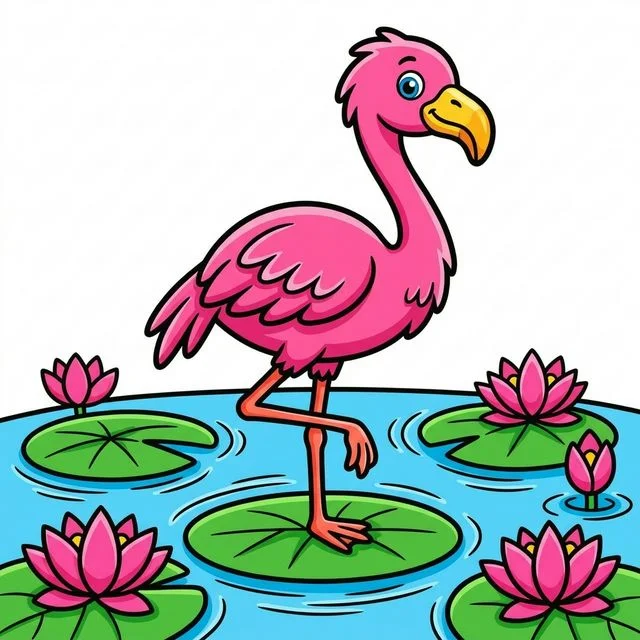 Flamingo standing on one leg in pond with water lilies coloring page for kids — free printable