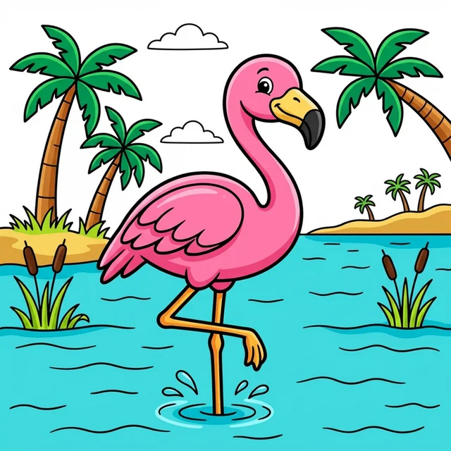 Cute flamingo standing at tropical lake coloring page for kids