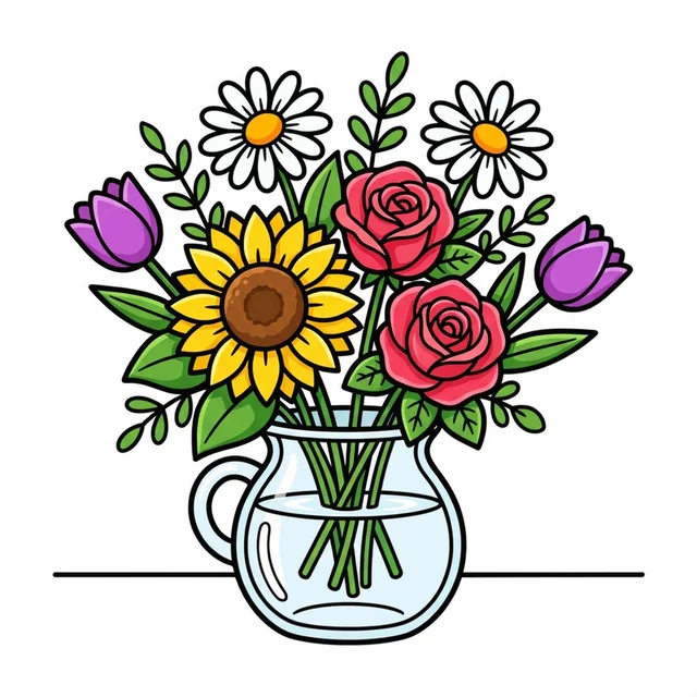 Flower bouquet with roses daisies and sunflowers in vase coloring page