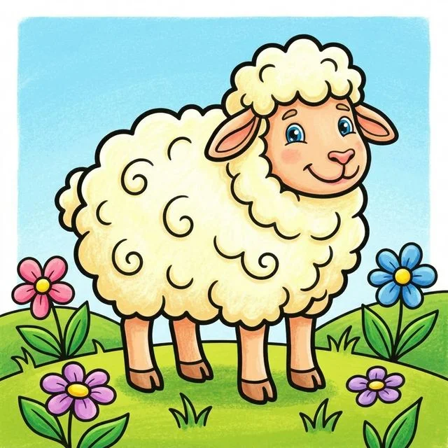 Fluffy sheep in flower meadow coloring page for kids — free printable