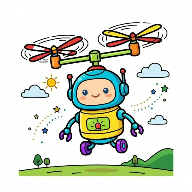 Cute cartoon flying robot drone with spinning helicopter propellers on head floating in air coloring page for kids — free printable