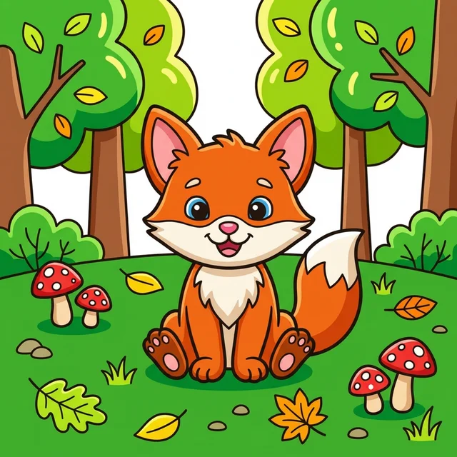 A cute baby fox cub in a forest with mushrooms coloring page.