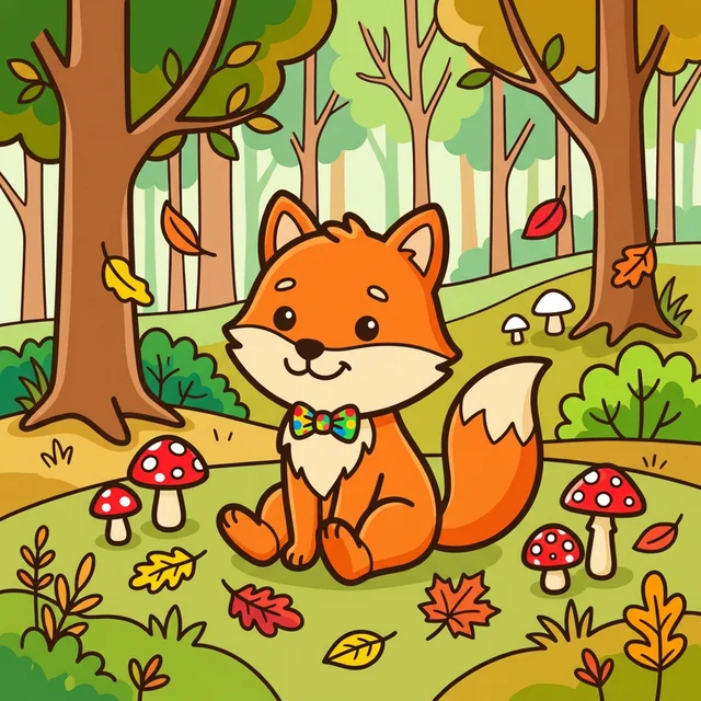 A fox sitting in a forest with mushrooms and autumn leaves coloring page.