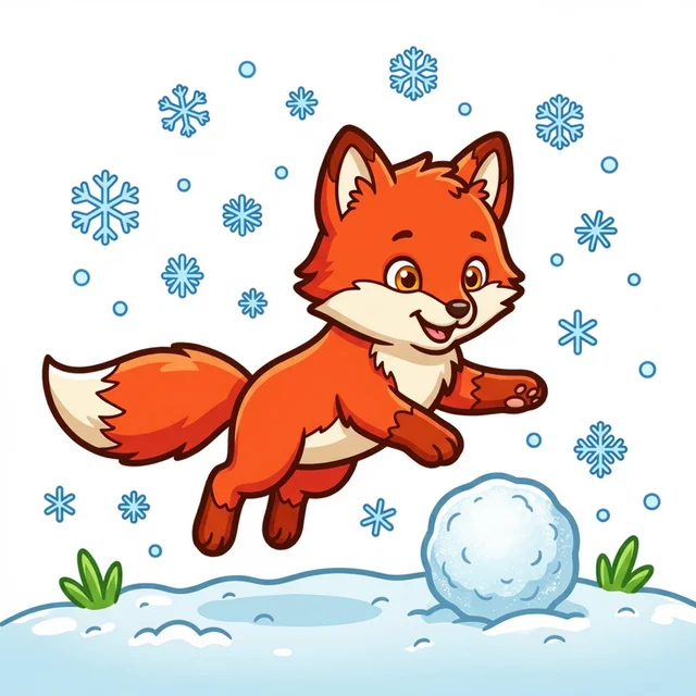 Arctic fox playing in snow coloring page for kids