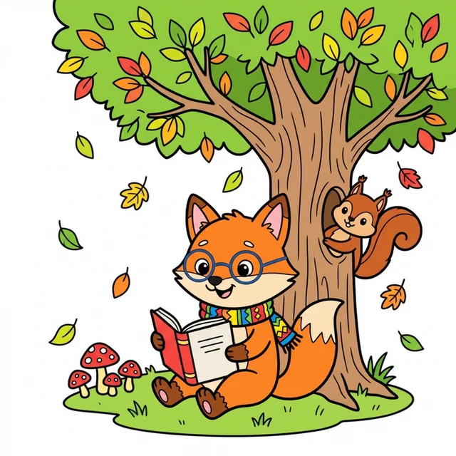 Fox with glasses reading book under autumn tree coloring page