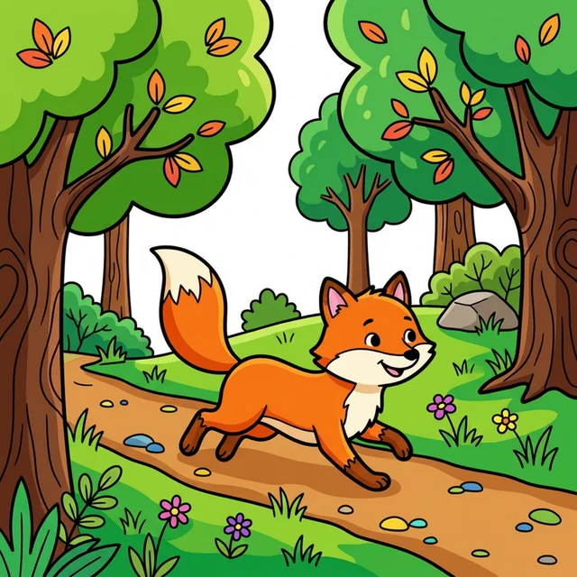 Fox running through forest coloring page for kids