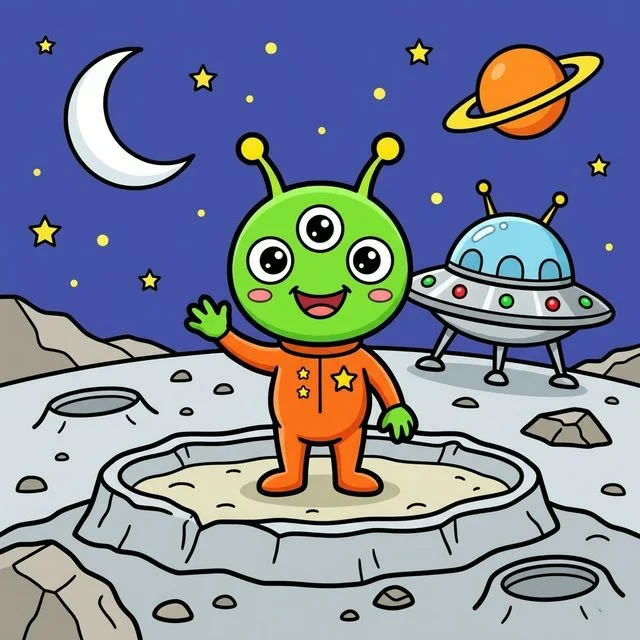 Cute friendly little alien with three eyes standing on a moon crater next to a flying saucer UFO coloring page for kids