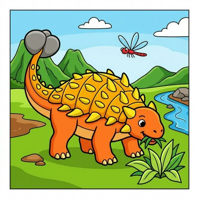 Friendly ankylosaurus dinosaur eating grass with tail club coloring page for kids