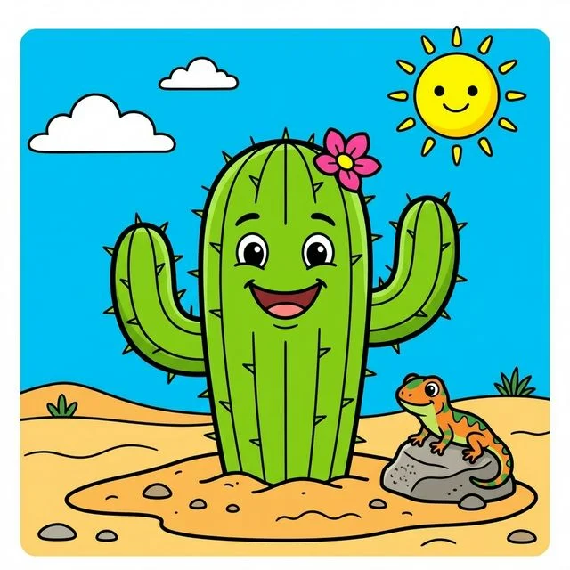 Large friendly cactus plant with a happy face in the sunny desert, and a cute little lizard coloring page for kids