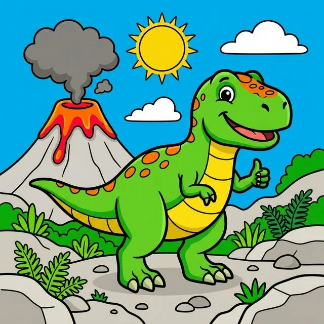 Friendly cute Tyrannosaurus Rex dinosaur giving a thumbs up near a volcano coloring page for kids
