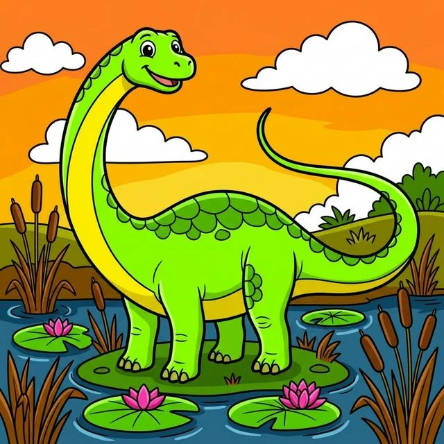 Friendly diplodocus dinosaur stretching across a prehistoric swamp coloring page for kids