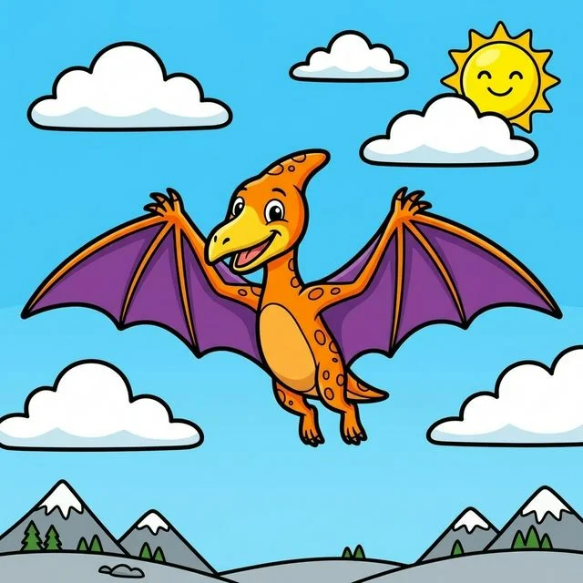 Friendly pterodactyl dinosaur flying high in the sky with huge wings coloring page for kids