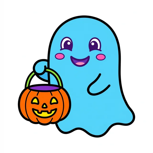 A friendly ghost holding a trick-or-treat bucket coloring page.