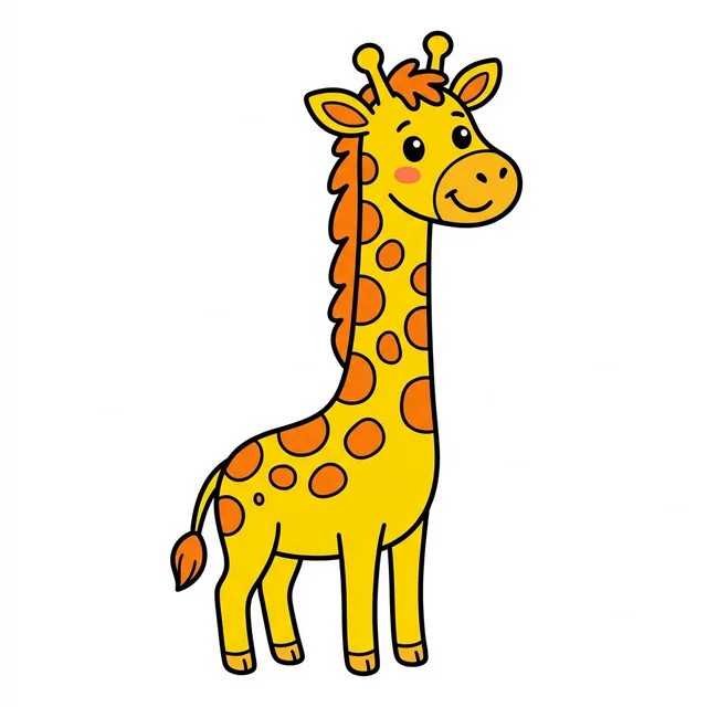 A black and white line drawing of a friendly cartoon giraffe with a long neck.