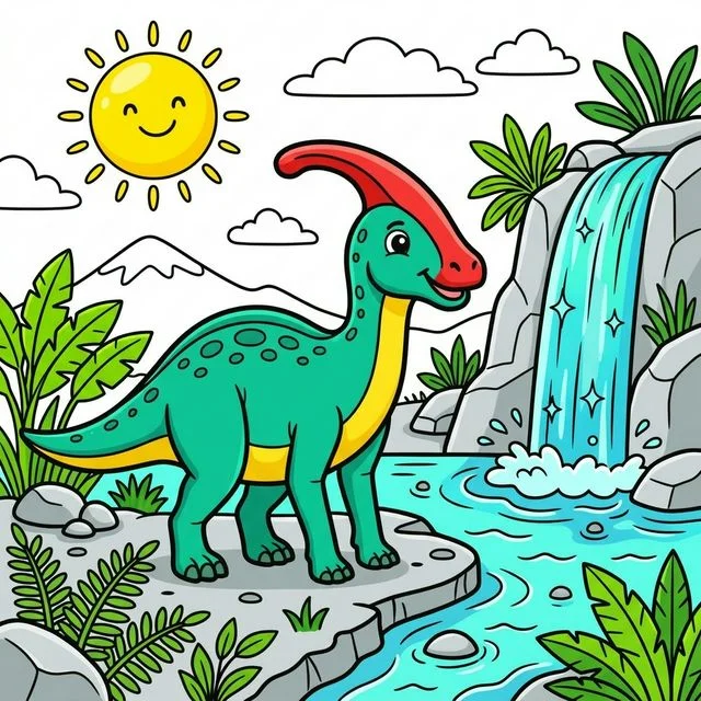 Friendly parasaurolophus dinosaur near a prehistoric waterfall coloring page for kids