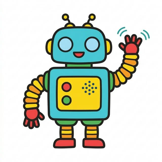 Cute cartoon friendly robot with rectangular body and stretchy accordion arms waving hello coloring page for kids — free printable