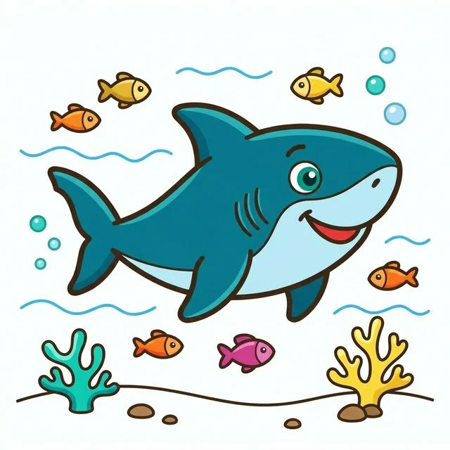 Friendly smiling shark swimming in ocean coloring page for kids — free printable