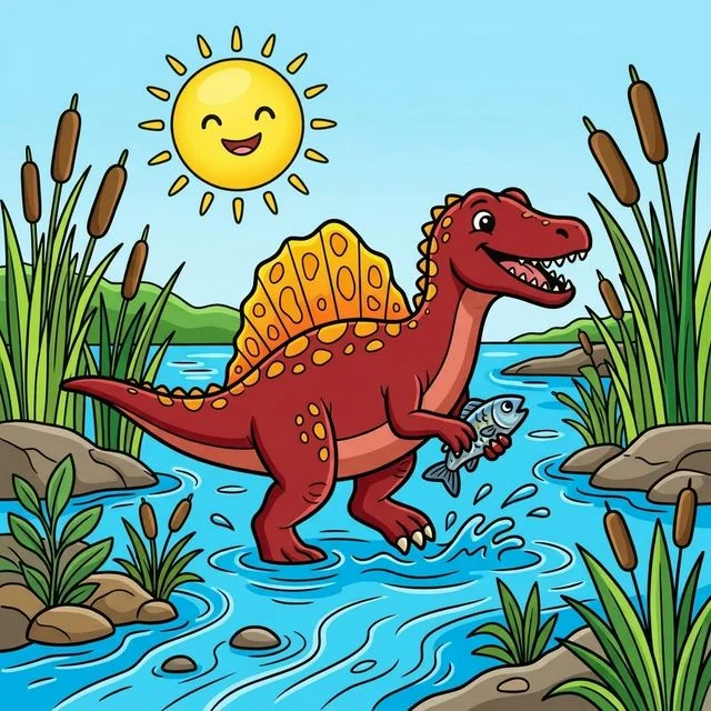 Friendly spinosaurus dinosaur splashing in river creating fish coloring page for kids