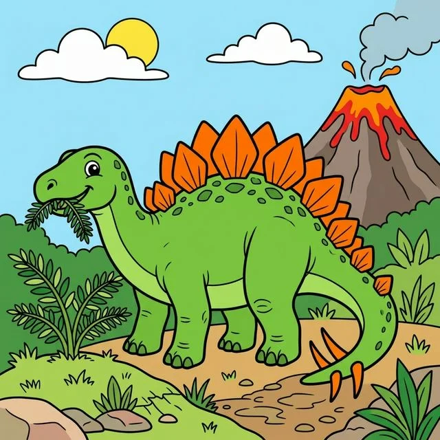 Friendly stegosaurus dinosaur with plates and spikes eating a fern next to a volcano coloring page for kids