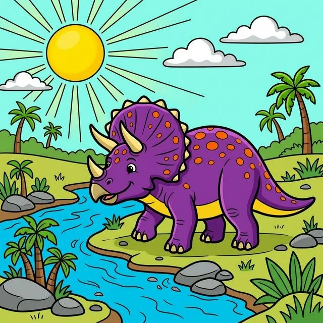 Friendly sturdy triceratops dinosaur near a river with palm trees coloring page for kids
