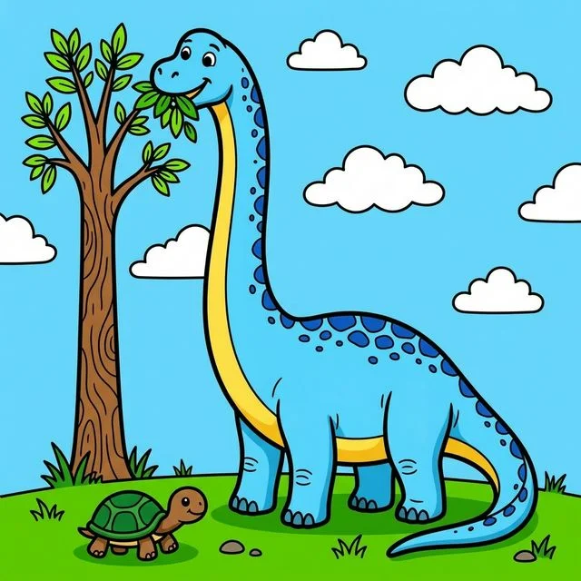 Friendly tall brachiosaurus dinosaur eating from tree near cute turtle coloring page for kids