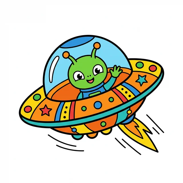 A black and white coloring page of a friendly UFO flying saucer with a cute alien waving inside.